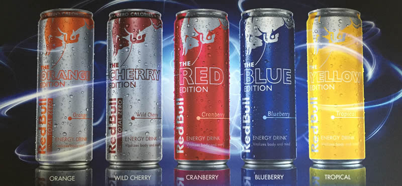 Red Bull Editions: Red, Blue, Silver, Cherry, Orange